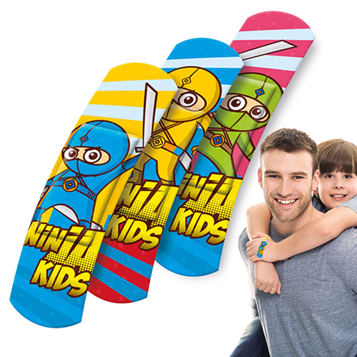 Drei farbige Pflaster-Strips mit Ninja-Motiven. Blaue, gelbe und pinke Streifen. Aufdrucke: Ninja-Figuren und Schriftzug "NINJA KIDS".