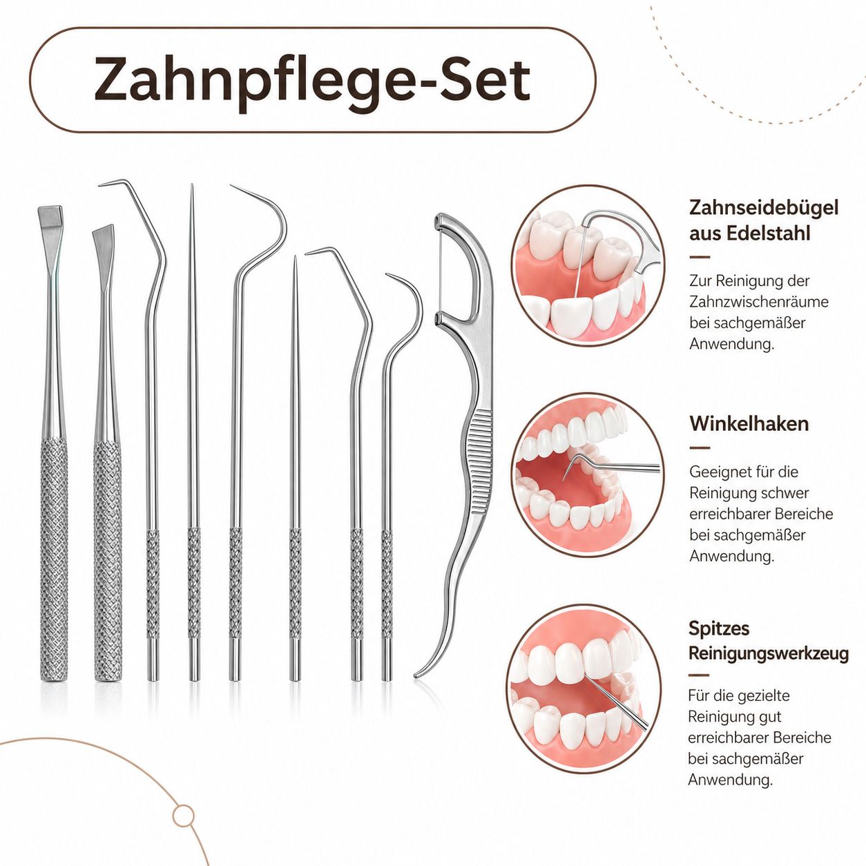 Zahnpflege-Set mit verschiedenen Edelstahl-Werkzeugen, Zahnseide-Bügel. Geeignet für die Reinigung der Zahnzwischenräume.