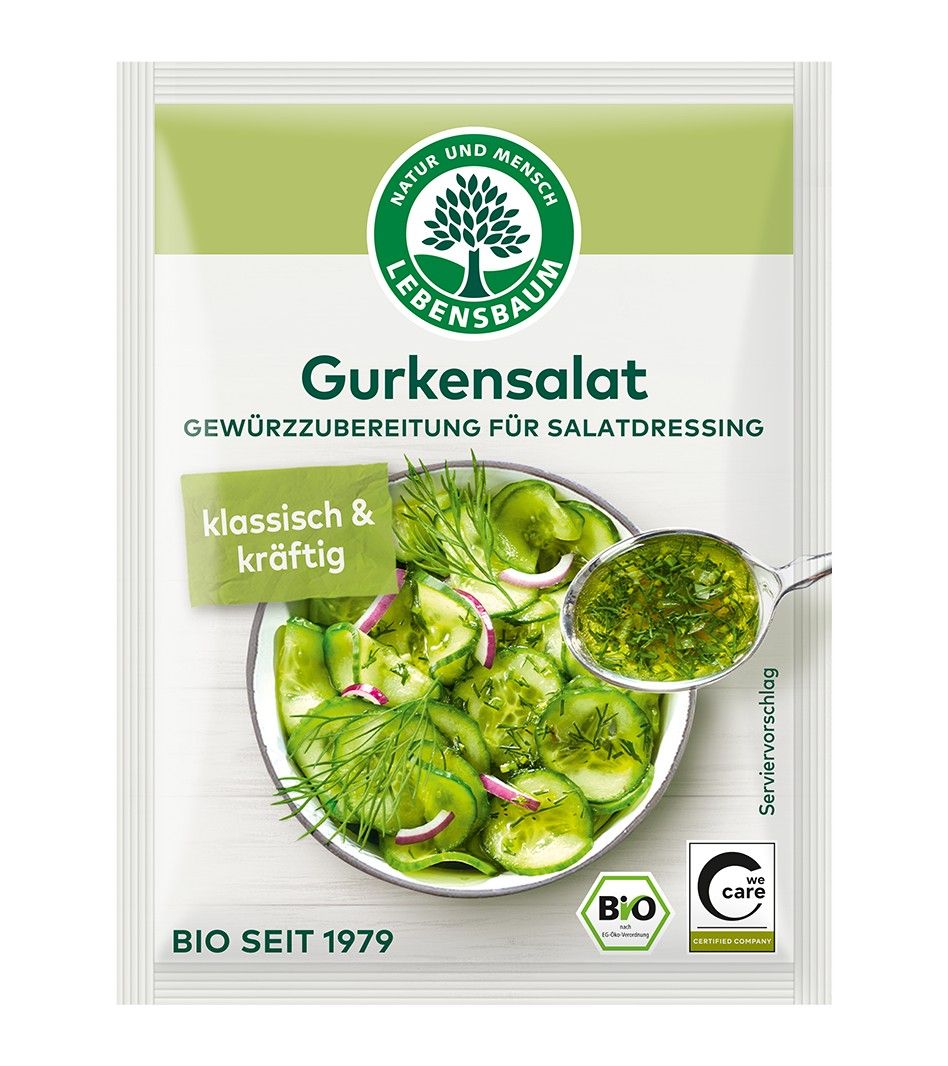 Verpackung für Gurkensalat Gewürzzubereitung für Salatdressing, mit Bild von Gurkensalat und Dressing.