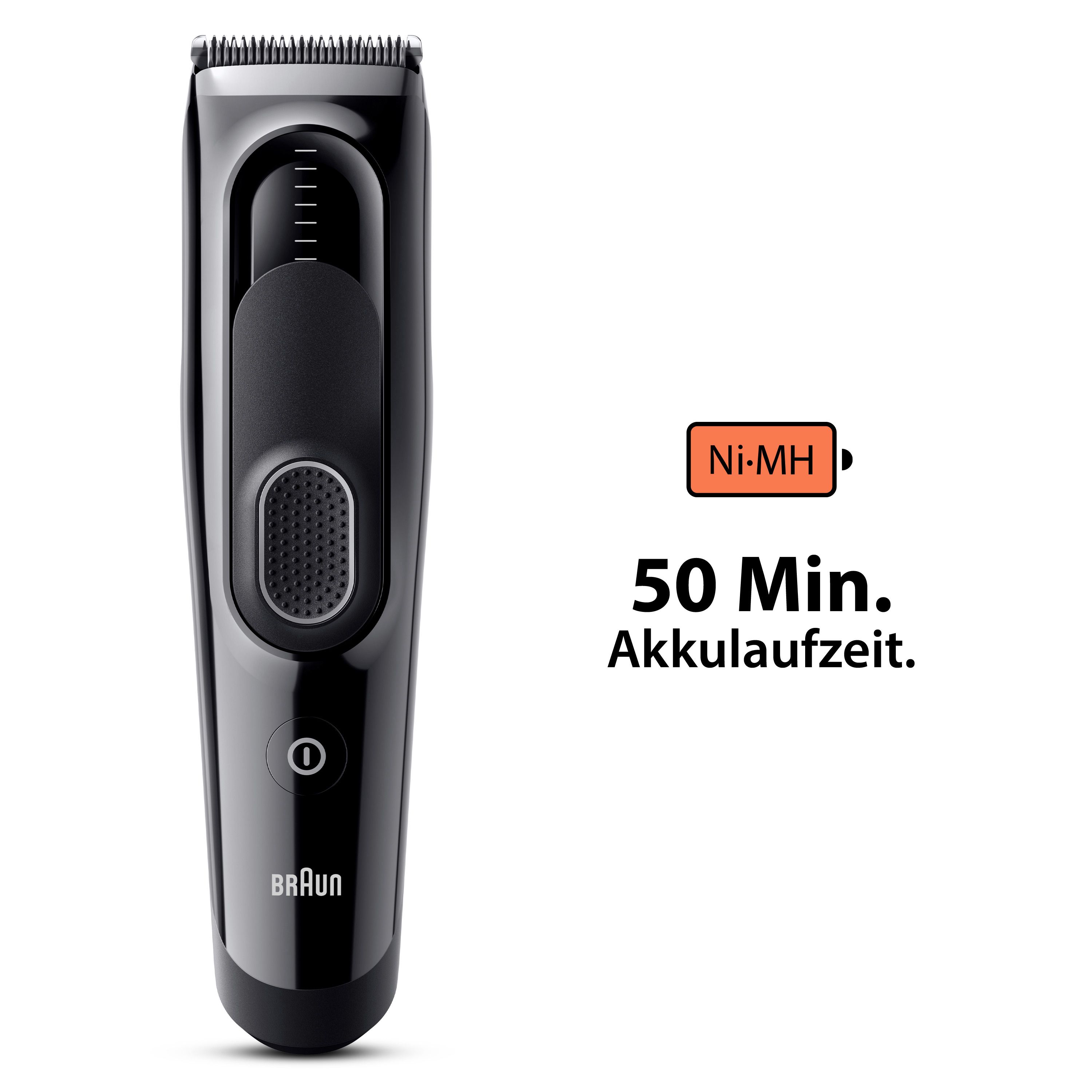 Schwarzer Haarschneider mit Akkuanzeige. Zeigt eine Akkulaufzeit von 50 Minuten an.