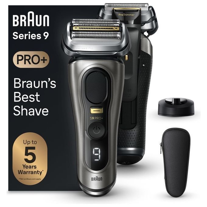 Elektrorasierer Braun Series 9 PRO+ in Schwarz. Mit Ladestation, Etui und Garantiehinweis. Auf der Verpackung steht "Braun's Best Shave".