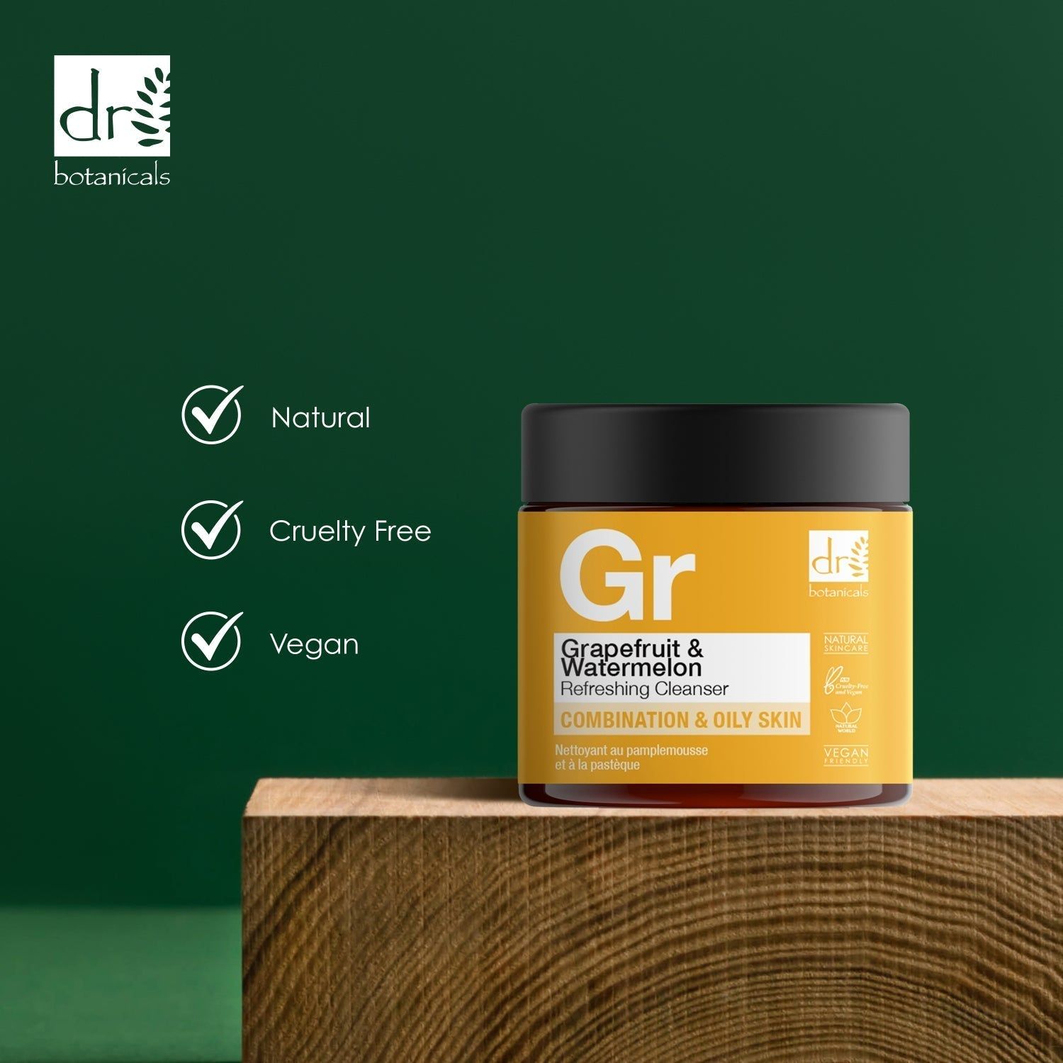 Gelber Tiegel auf Holzblock. Aufschrift: Grapefruit & Watermelon Refreshing Cleanser. Kombination & ölige Haut. Vegan. Natur.