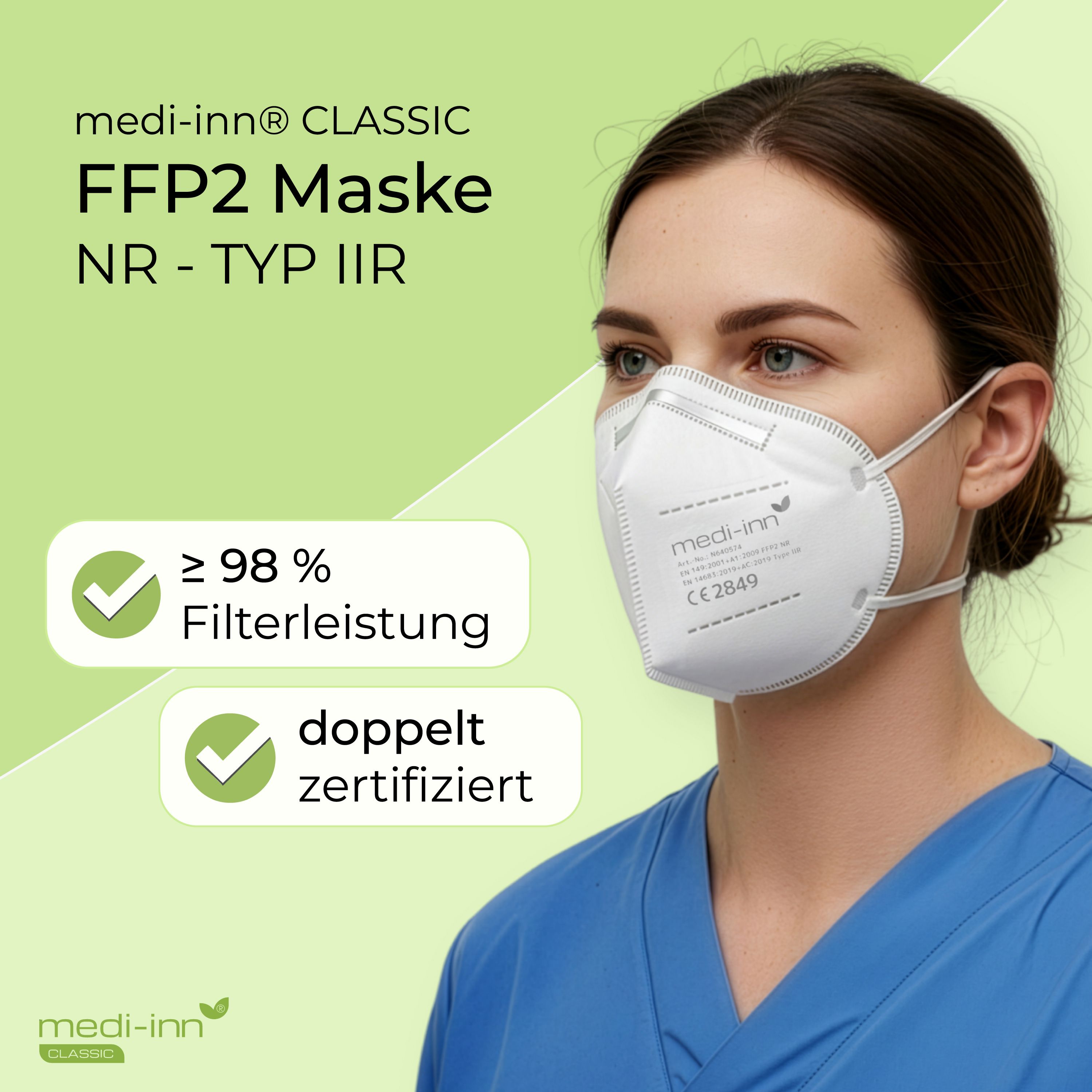 Frau trägt eine weiße Medi-Inn FFP2 Maske, CE 2849, mit über 98% Filterleistung.