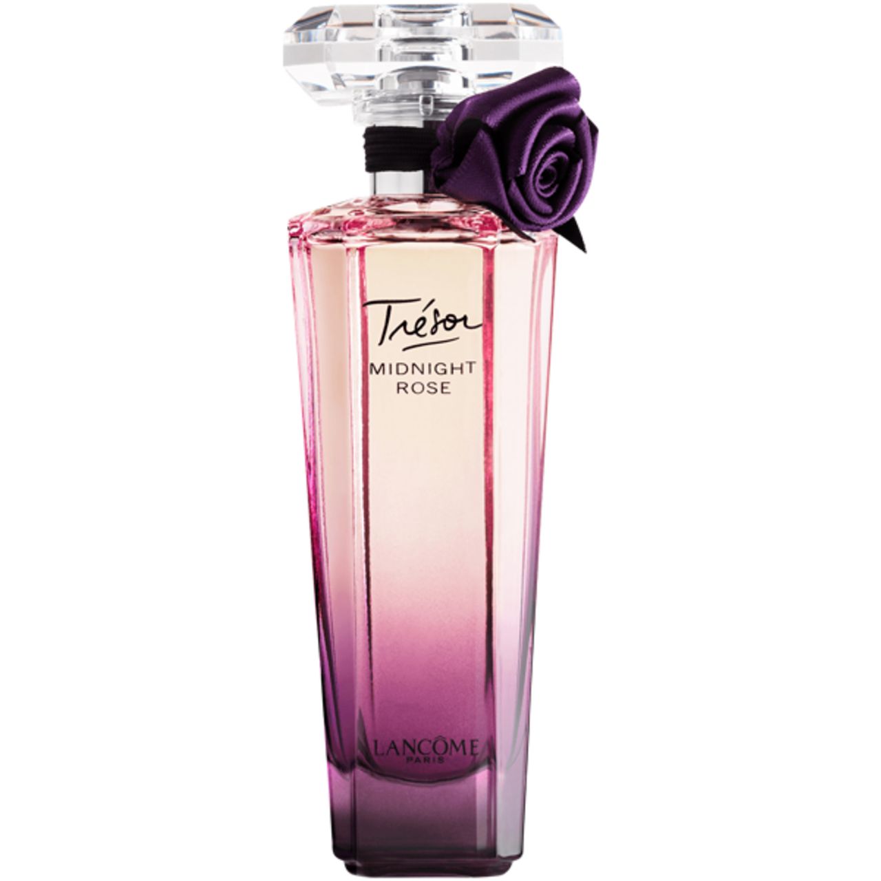 Parfümflakon Trésor Midnight Rose mit Farbverlauf von rosa nach violett. Mit Kristallverschluss und lila Rose.
