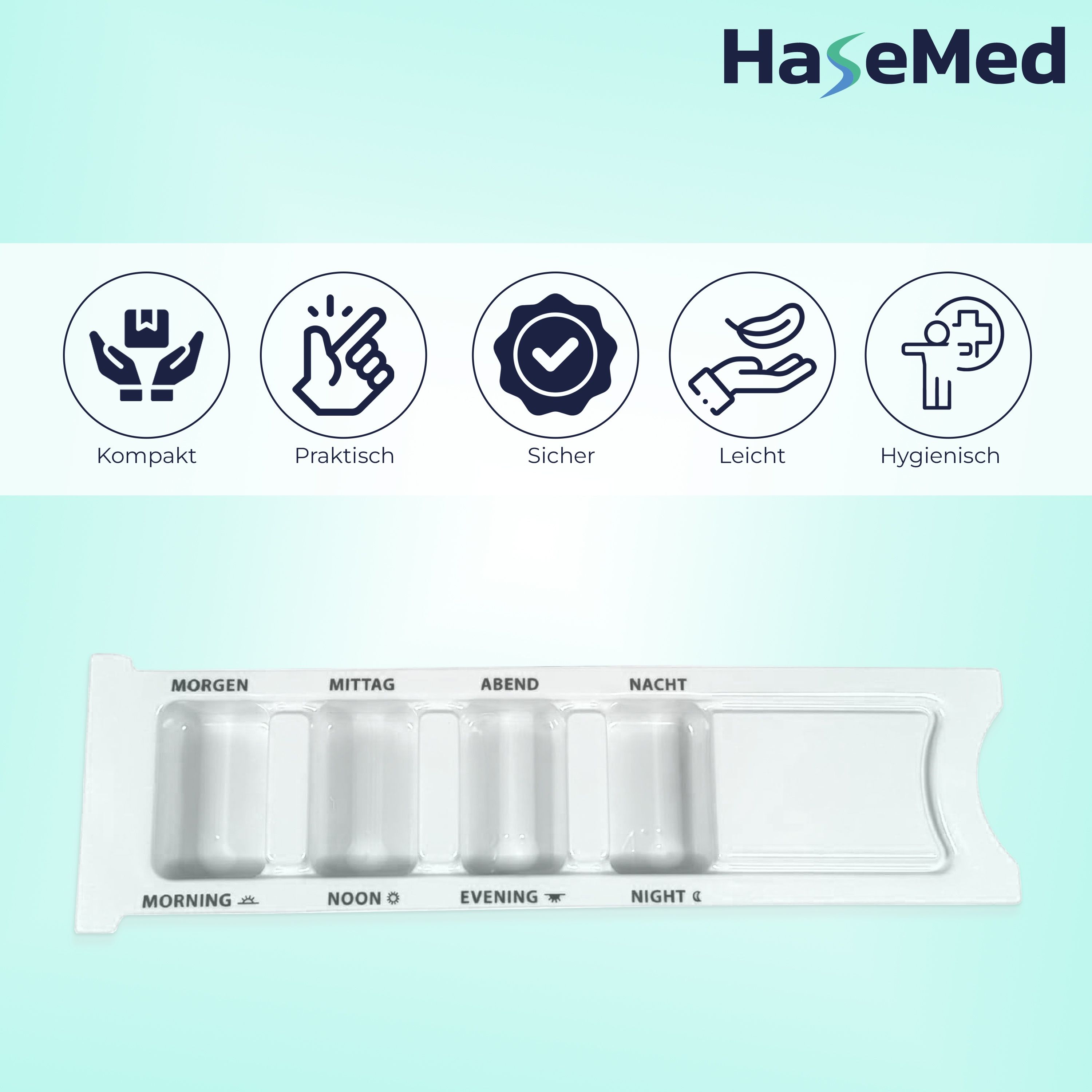 Medikamentendispenser mit 4 Fächern. Marke HaseMed. Symbole für kompakt, praktisch, sicher, leicht, hygienisch. Beschriftung: Morgen, Mittag, Abend, Nacht.