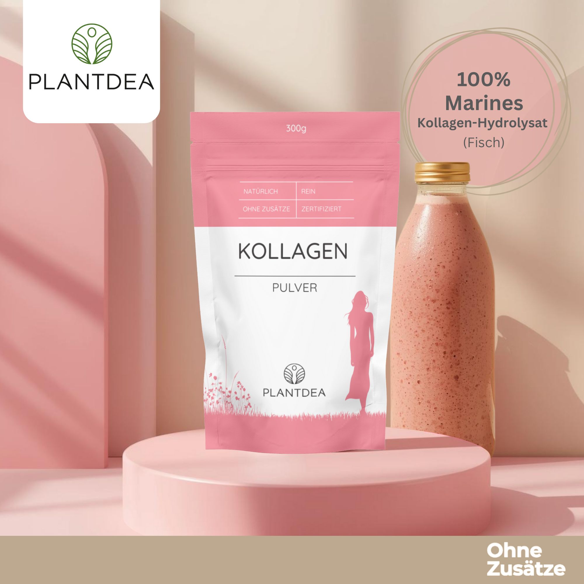 Rosa Beutel mit weißem Etikett. Aufschrift: Kollagen Pulver. Logo und Schriftzug Plantdea. Flasche mit rosa Getränk daneben. Aufschrift: 100% marines Kollagen.