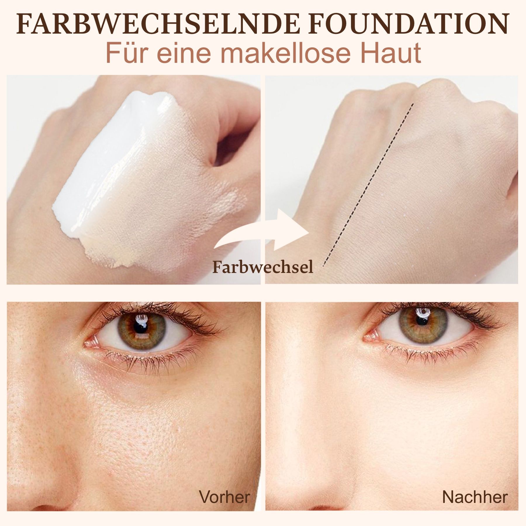 Vorher-Nachher-Vergleich einer Frau mit Foundation. Auf dem Produkt steht "Foundation Medium Spectrum".