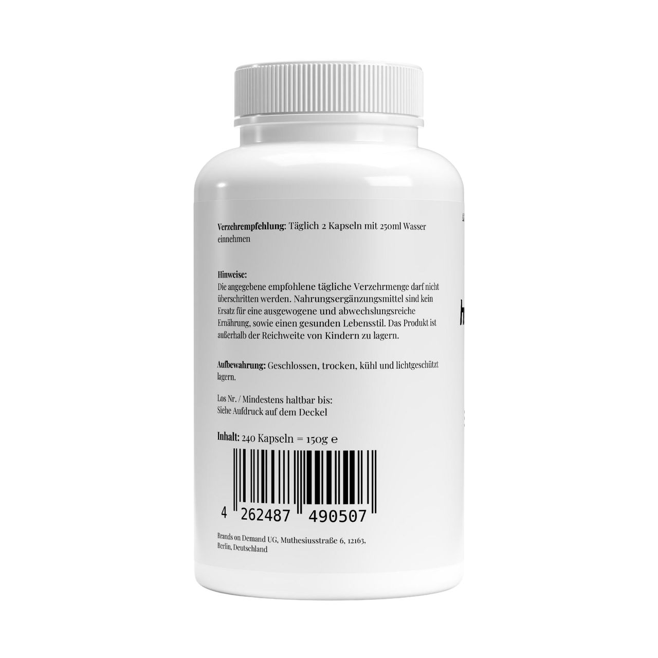 Rückseite der Kapseln-Dose. Verzehrempfehlung: Täglich 2 Kapseln. Mindesthaltbarkeit, Inhalt: 120 Kapseln. Barcode.