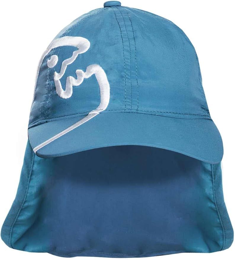 Blauer iQ-UV Cap mit Nackenschutz. Weißes Logo auf der Kappe. Rückansicht.