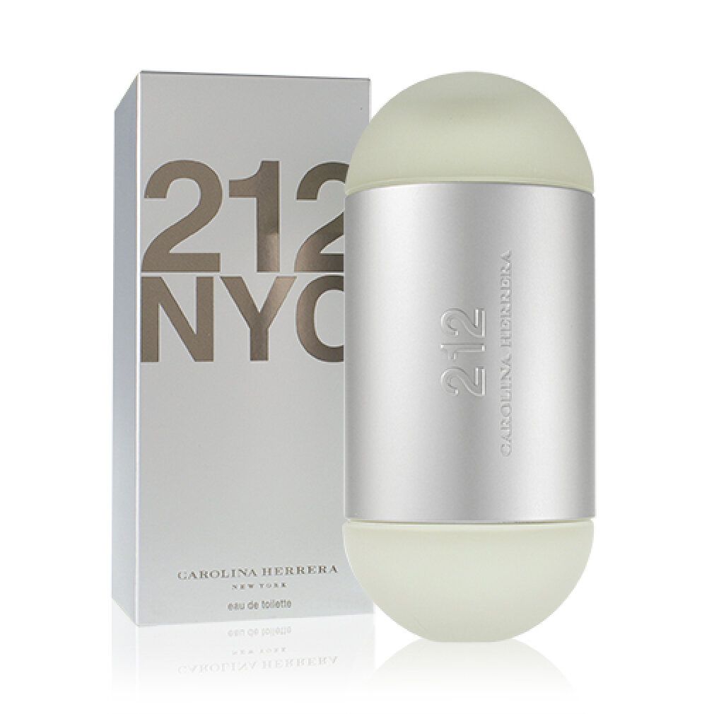 Carolina Herrera 212 EdT. Flakon und Verpackung. Silberfarbener Flakon mit weißem Deckel. Verpackung mit Logo und Schriftzug.