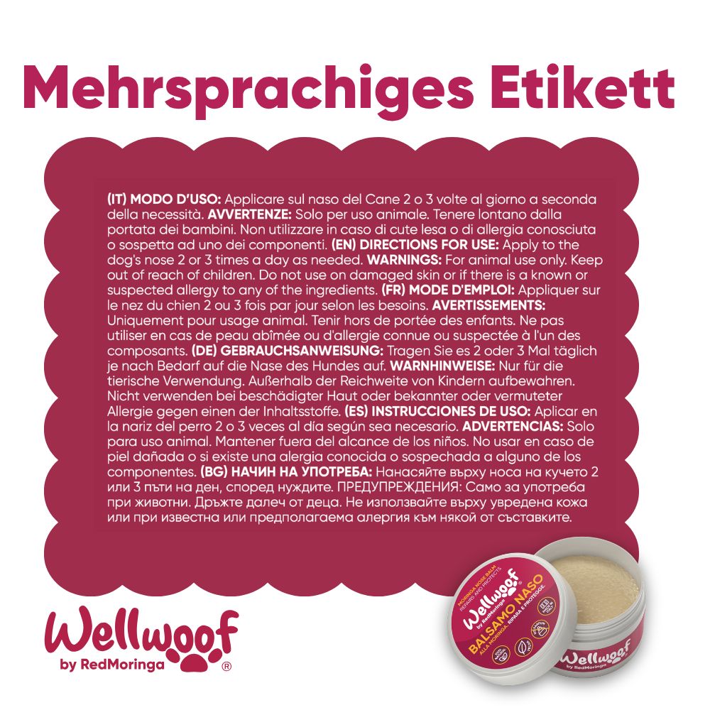 Wellwoof Balsam für Hunde, in runder Dose.
