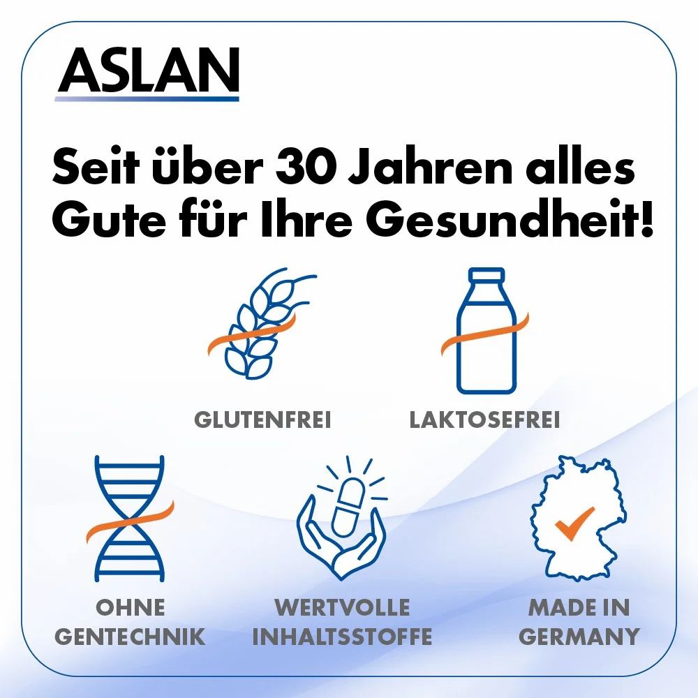 ASLAN Logo, über 30 Jahre Erfahrung, Glutenfrei, Laktosefrei, Ohne Gentechnik, Made in Germany.