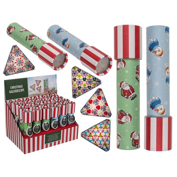 Mehrere Kaleidoskope mit weihnachtlichen Motiven und dreieckigen Mustern. Präsentiert in einer Verkaufsbox mit rot-weißen Streifen.