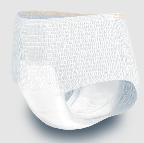 Weiße TENA Pants Plus. Elastischer Bund und Beinabschlüsse. Strukturierte Oberfläche. Angedeutete Öffnung für die Beine.
