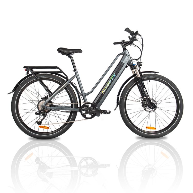 Graues HedaTX TX10 E-Bike. Schwarze Reifen, Gepäckträger, Sattel. HedaTX-Logo am Rahmen. Auf weißem Hintergrund.