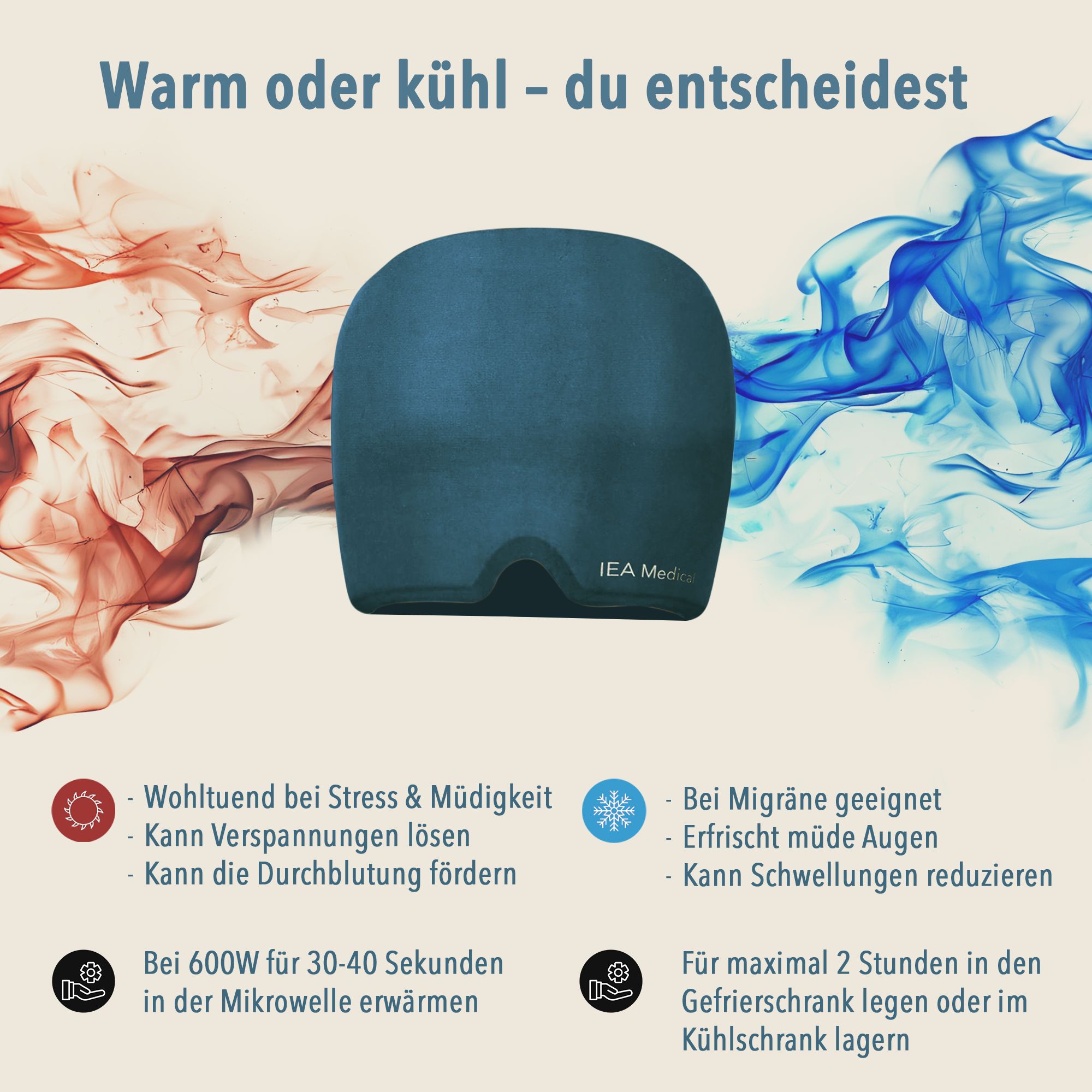 Blaues Kopfband. Text: Warm oder kühl - du entscheidest. IEA Medical-Logo.