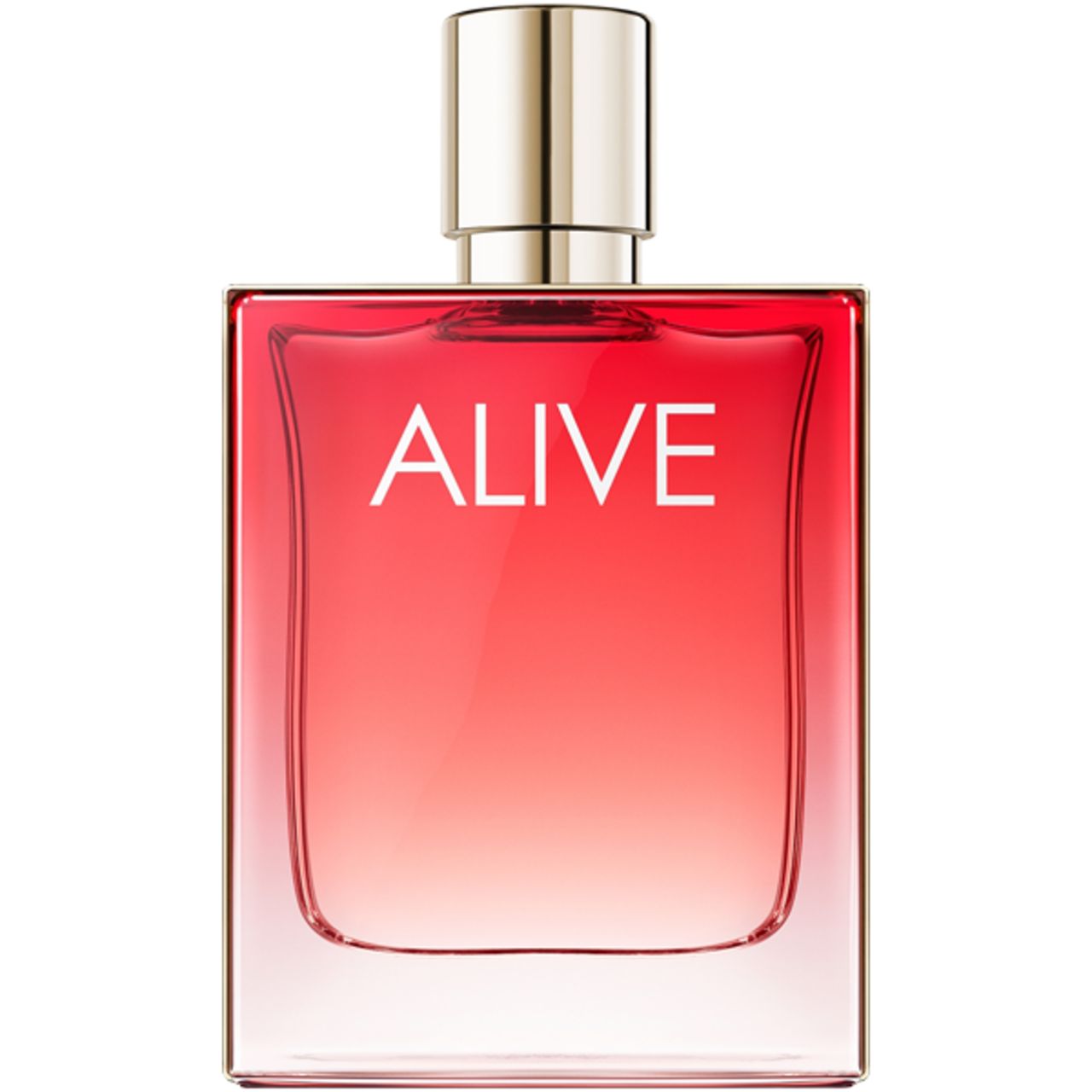 Rechteckiger Flakon mit rotem Farbverlauf. Aufschrift "ALIVE" in Weiß. Goldfarbener Verschluss.