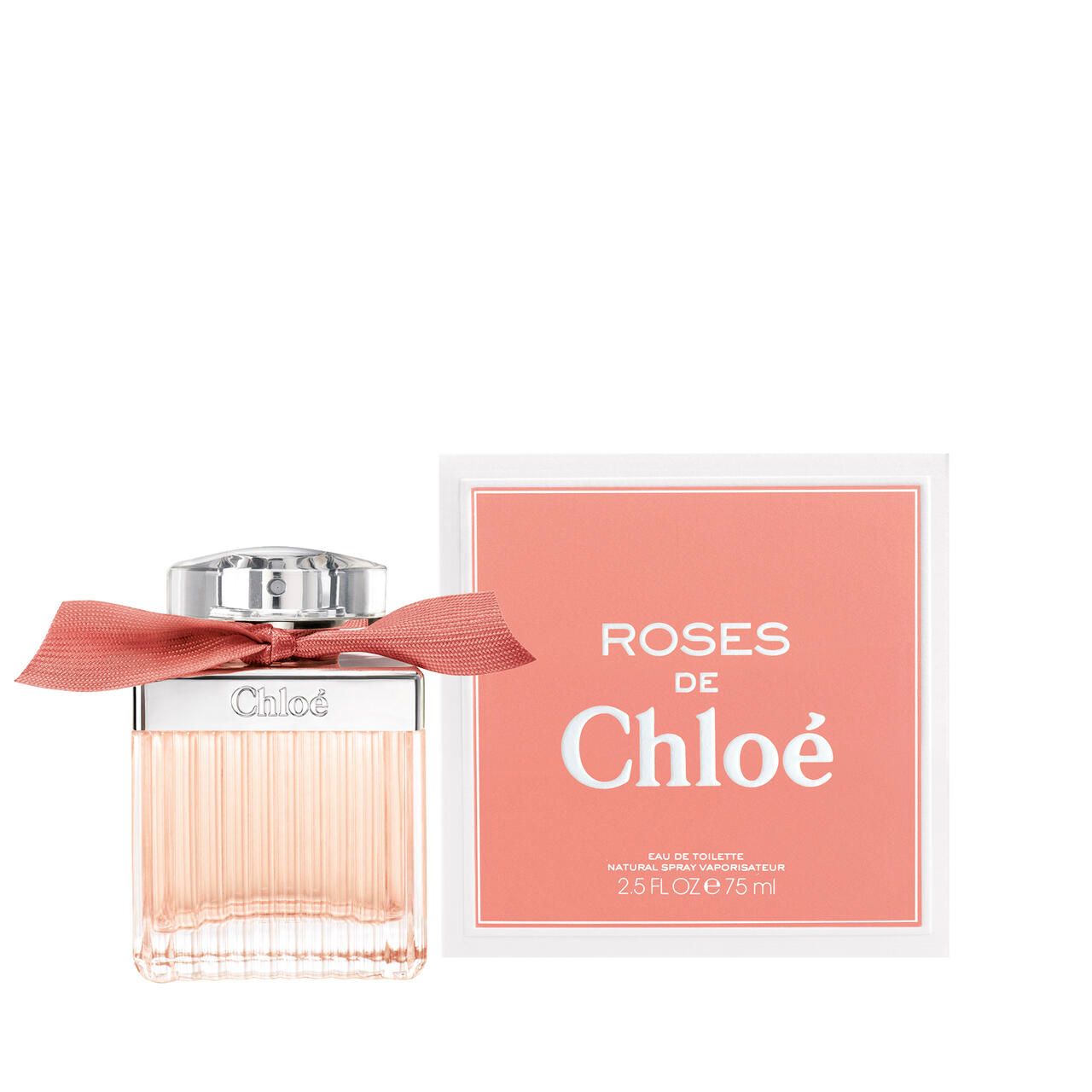 Parfümflakon mit rosa Schleife und Verpackung. Aufschrift "Roses de Chloé".