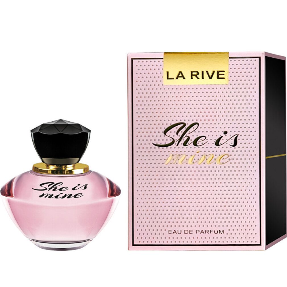 Parfümflakon und Verpackung. Rosa Verpackung mit "LA RIVE" und "She is mine". Flakon mit schwarzem Deckel.