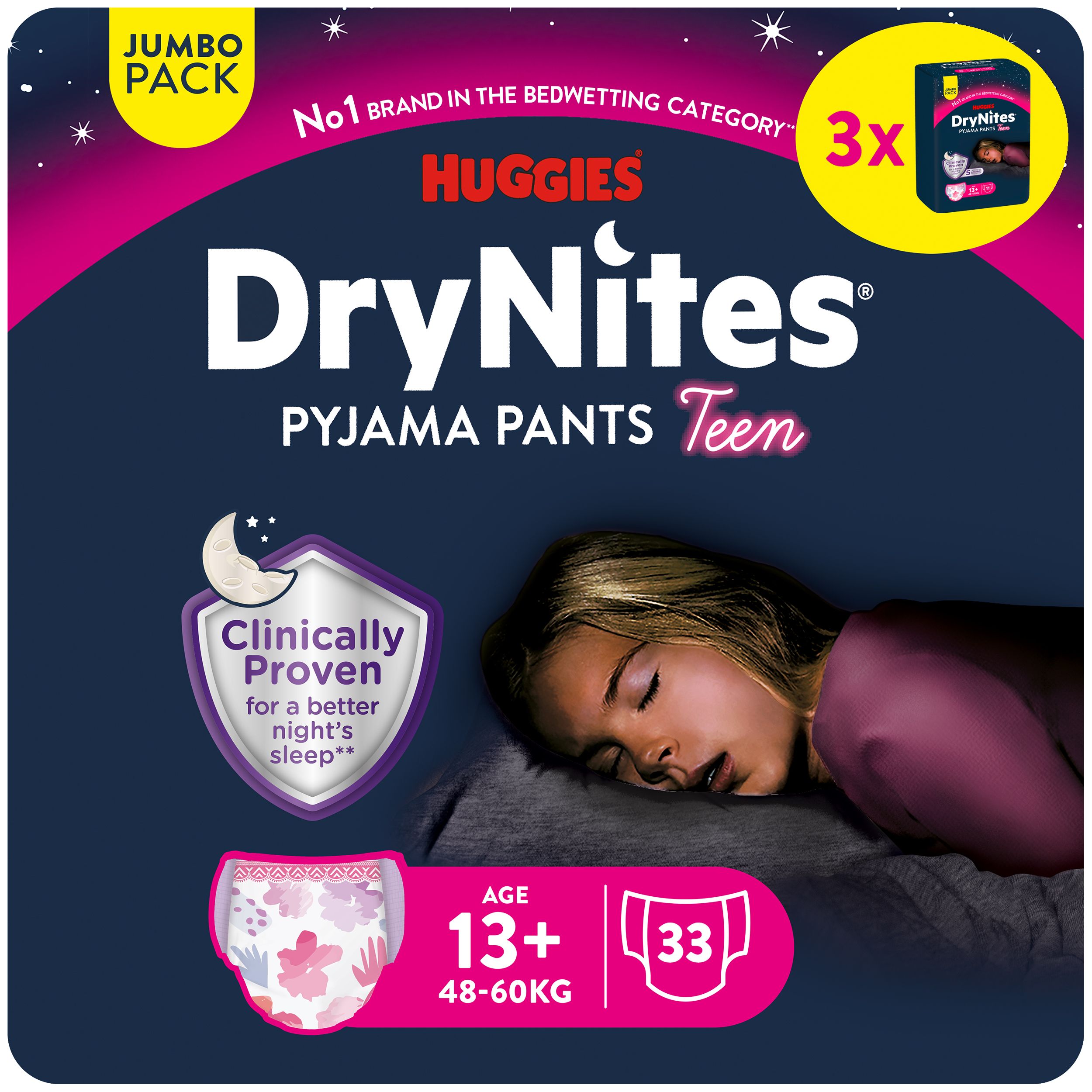 Huggies DryNites Pyjama Pants Teen. Packung mit 3 Stück. Alter 13+, 48-60kg. Klinisch bewiesen für besseren Schlaf.