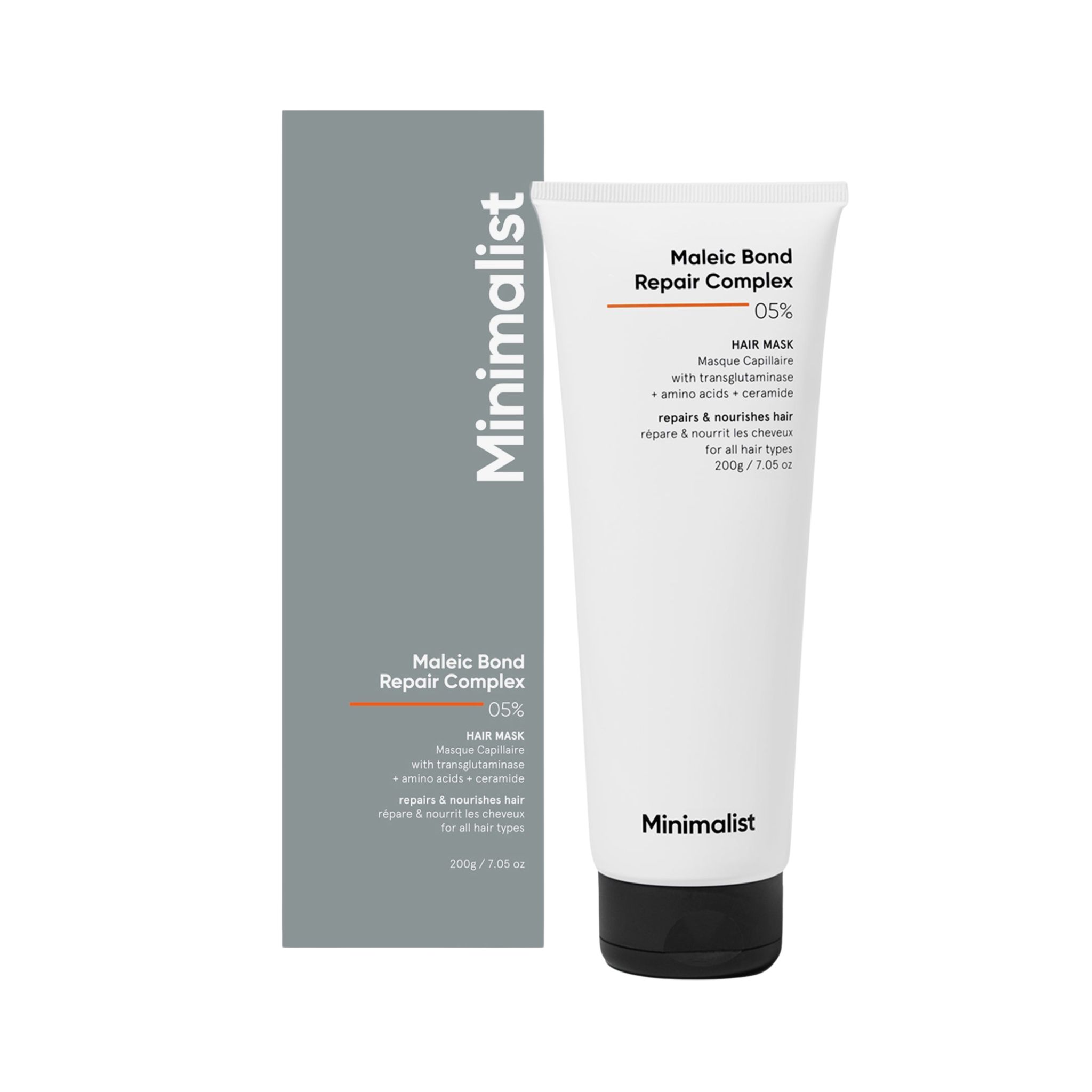 Masque capillaire en tube et emballage. Texte: Maleic Bond Repair Complex 05%, Minimalist. Bouchon noir.