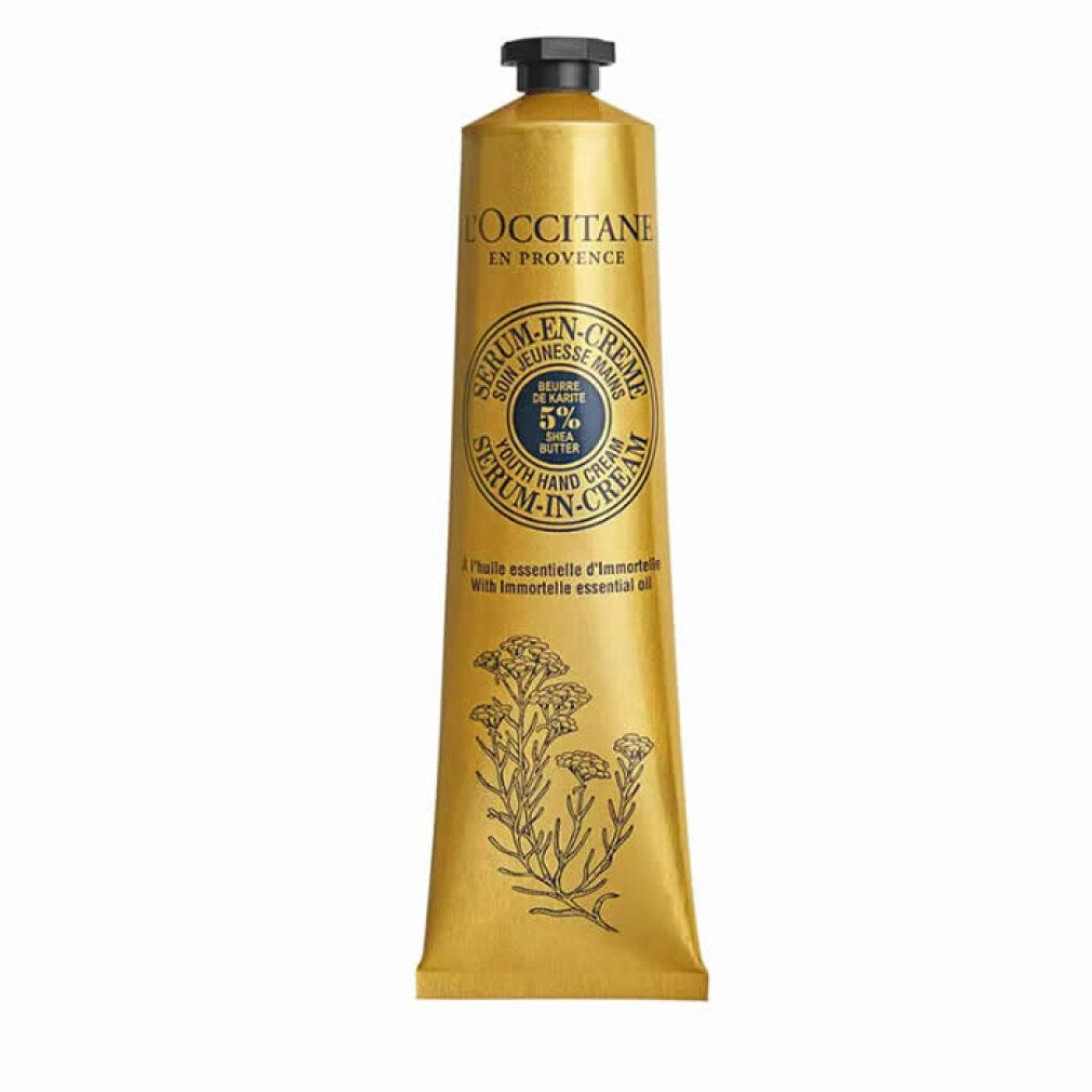 Goldfarbene Tube mit schwarzem Deckel. Aufschrift: L'Occitane en Provence, Serum-en-Crème, 5% Shea Butter. Illustrationen.