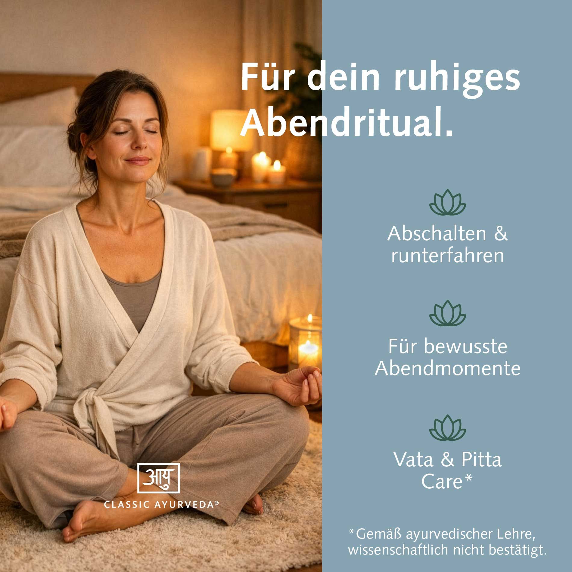 Frau in Meditationshaltung mit Kerzenlicht und Texten über Abendrituale und Vata & Pitta Care.