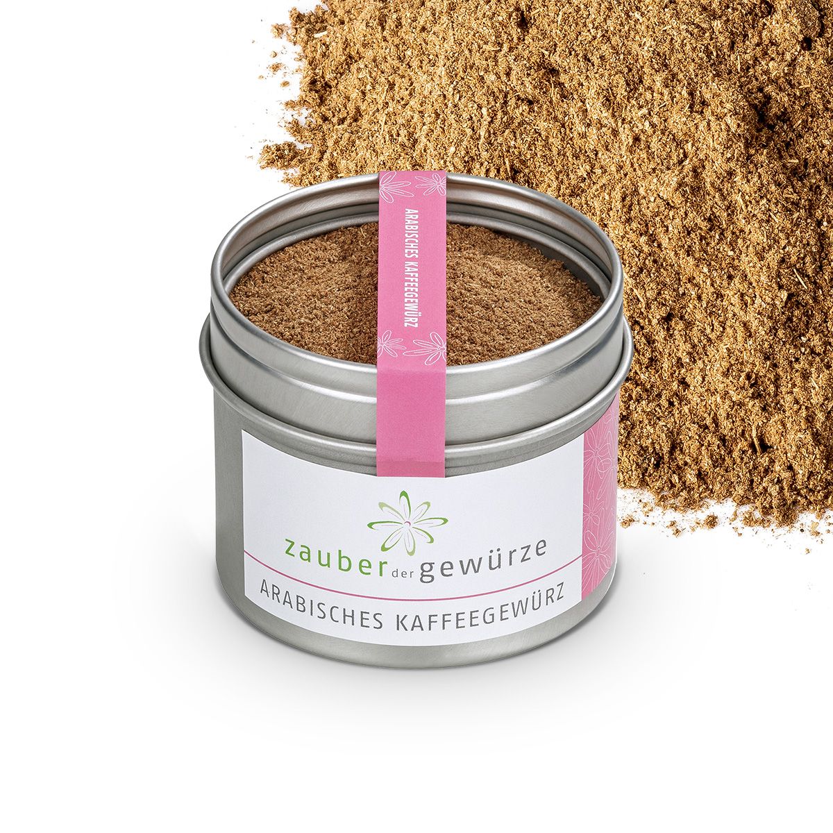 Runde Dose mit braunem Pulver, daneben braunes Pulver. Rosa Etikett mit Text: Arabisches Kaffeegewürz. Weißes Etikett mit Logo und Text: Zauber der Gewürze.