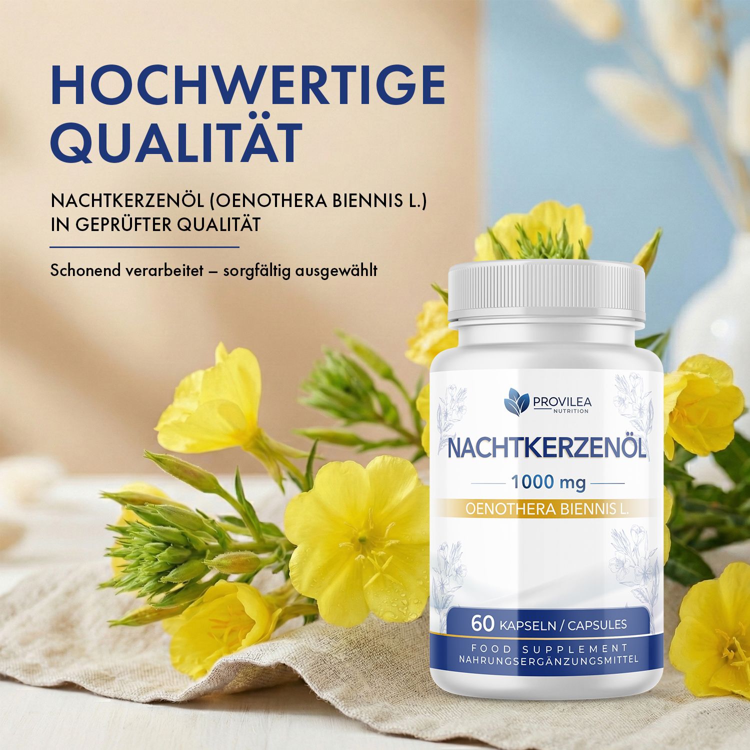 Weiße Kapsel-Dose mit blauem Etikett. Aufschrift: Nachtkerzenöl, 1000 mg, 60 Kapseln. Gelbe Blüten im Hintergrund.