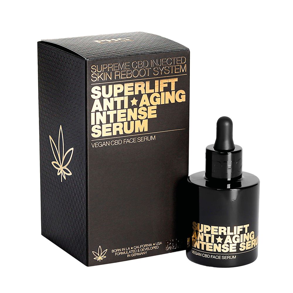 Schwarze Schachtel mit goldfarbenem Text: Superlift Anti-Aging Intense Serum. Flasche daneben.