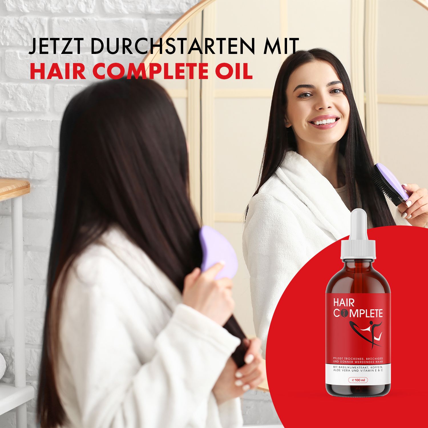 Frau bürstet Haare vor Spiegel. HAIR COMPLETE OIL-Flasche. Roter Hintergrund. Aufschrift: HAIR COMPLETE OIL. Braune Flasche mit Pipette.