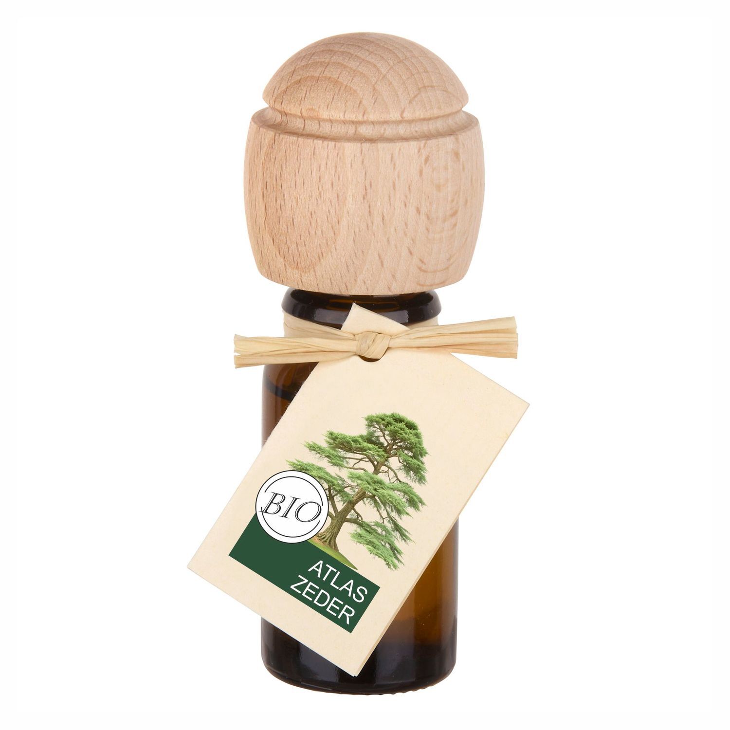 Braune Glasflasche mit Holzverschluss und Anhänger. Anhänger mit Baum-Illustration und Text: Atlas Zeder, Bio.