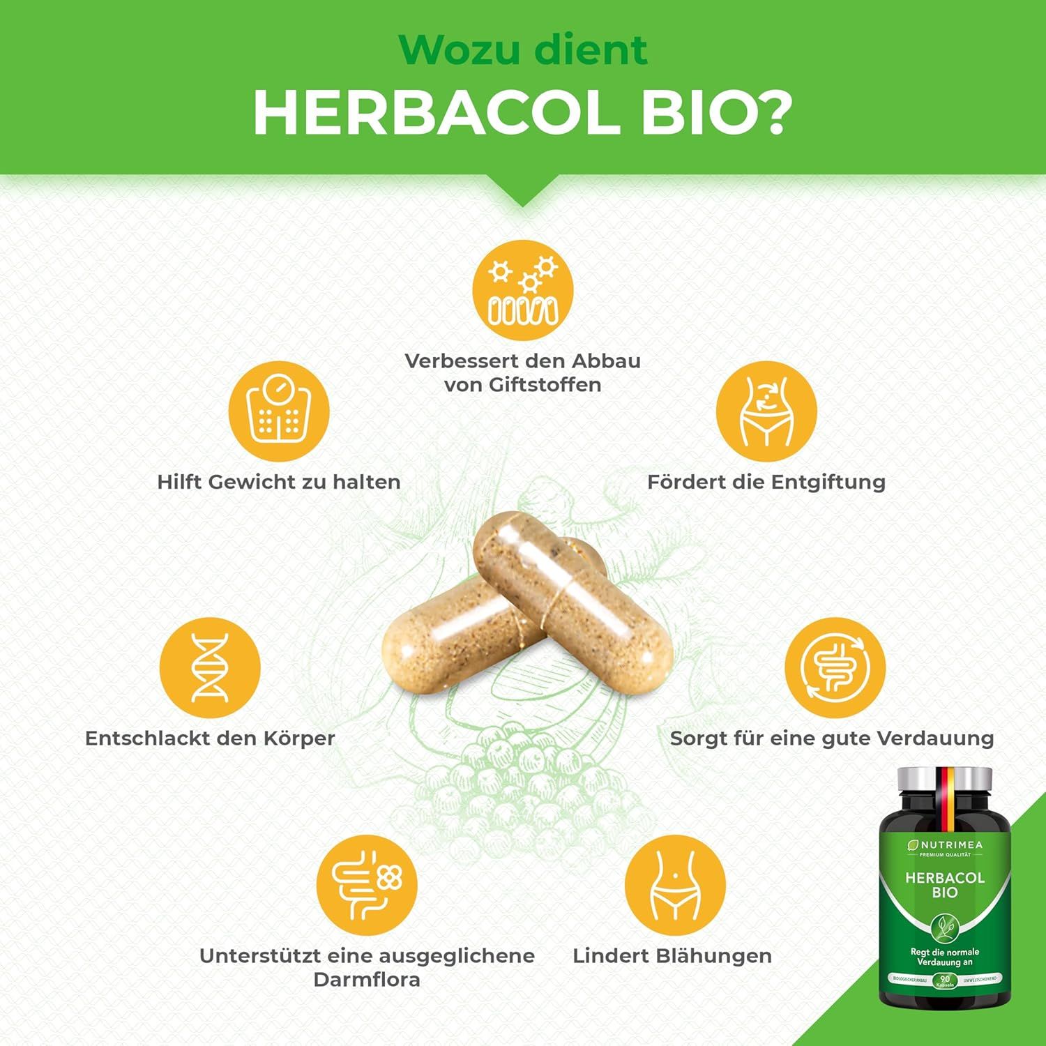 Zwei Kapseln neben Icons. Eine Flasche mit HERBACOL BIO. Text: Verbessert Giftstoffabbau, hilft Gewicht zu halten, fördert Entgiftung.