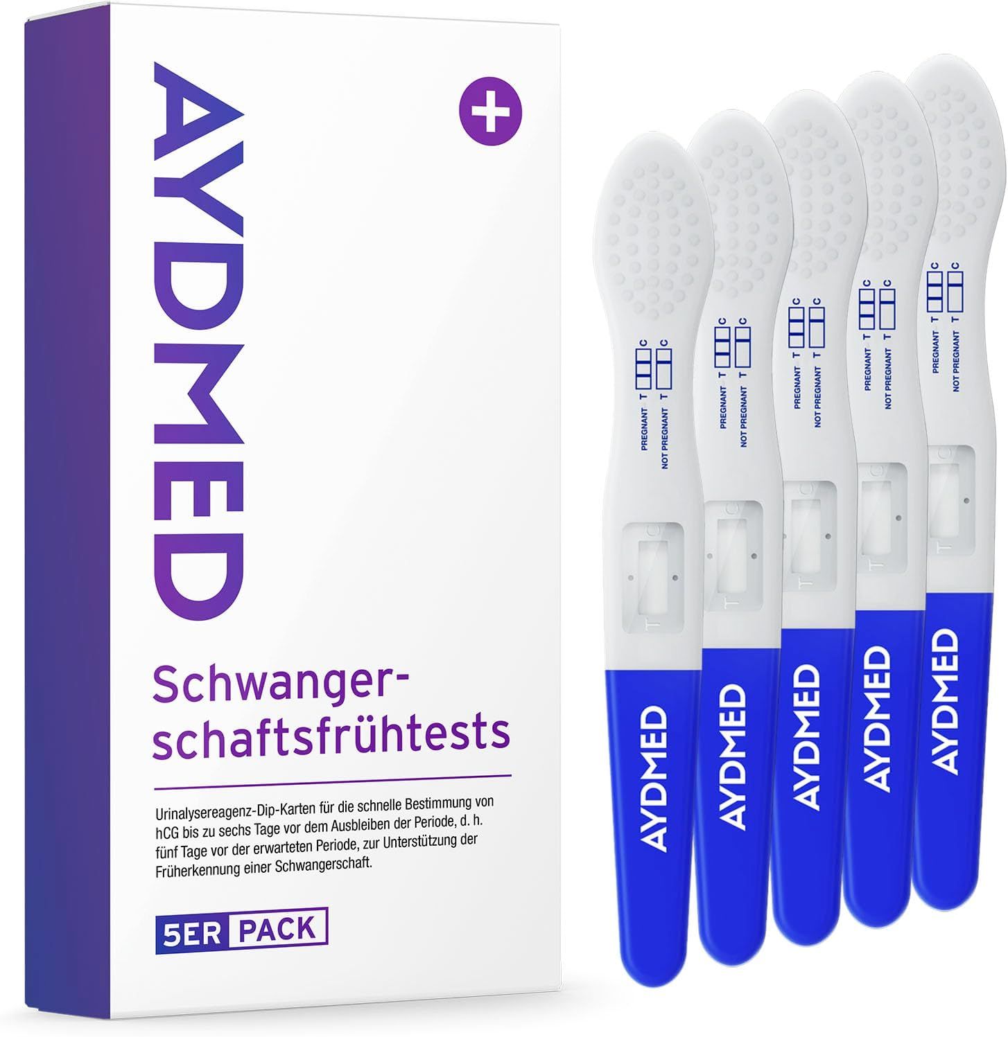 Packung mit Aydmed Schwangerschaftsfrühtests und 5 Teststäbchen. Stäbchen mit blauem Griff und Testbereich. Verpackung mit Produktnamen und Logo.