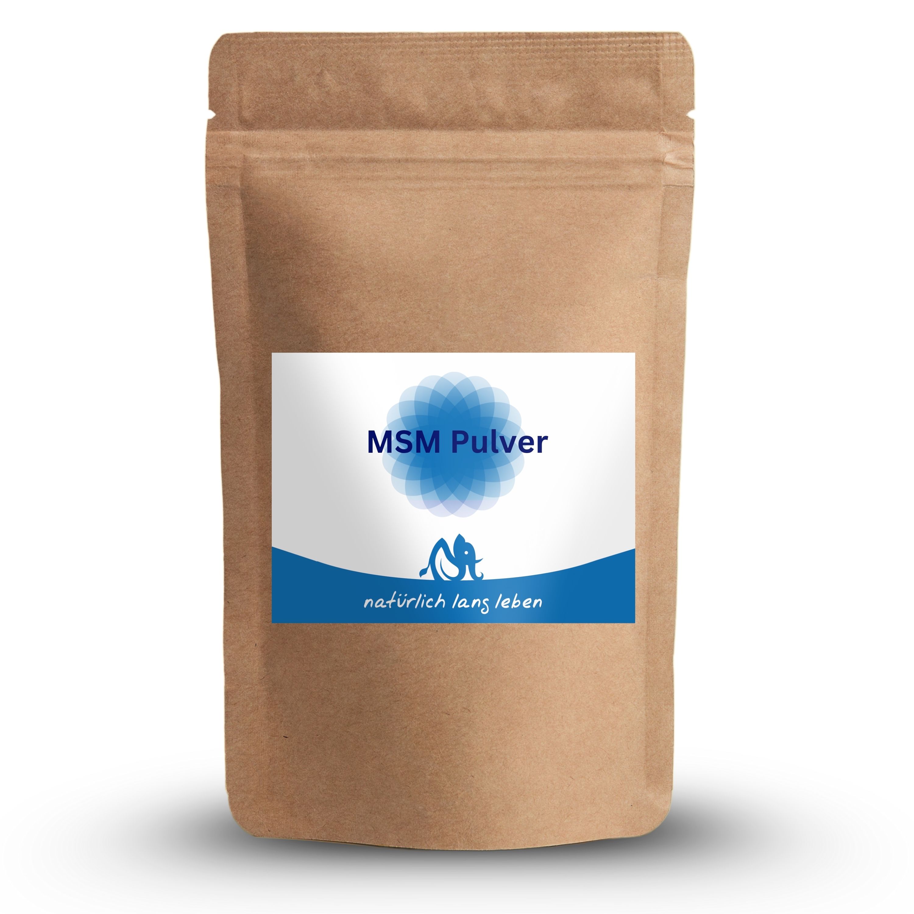 Beutel mit blau-weißem Etikett. Aufschrift: MSM Pulver, natürlich lang leben. Braune Papierverpackung.