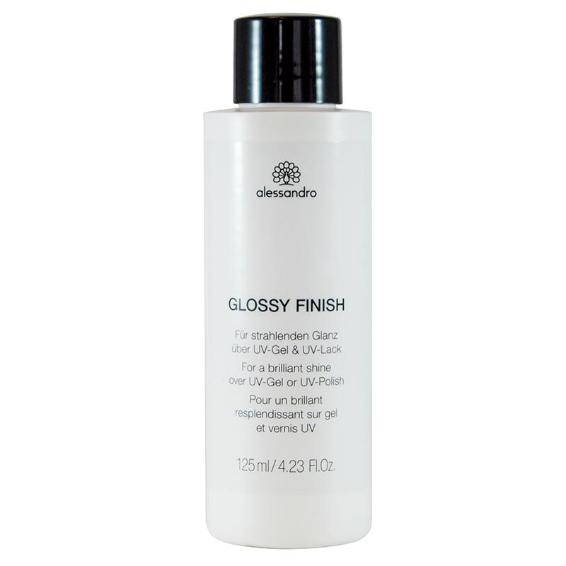 Weiße Flasche mit schwarzem Deckel. Aufschrift: GLOSSY FINISH, alessandro. Für UV-Gel und UV-Lack. 125ml.