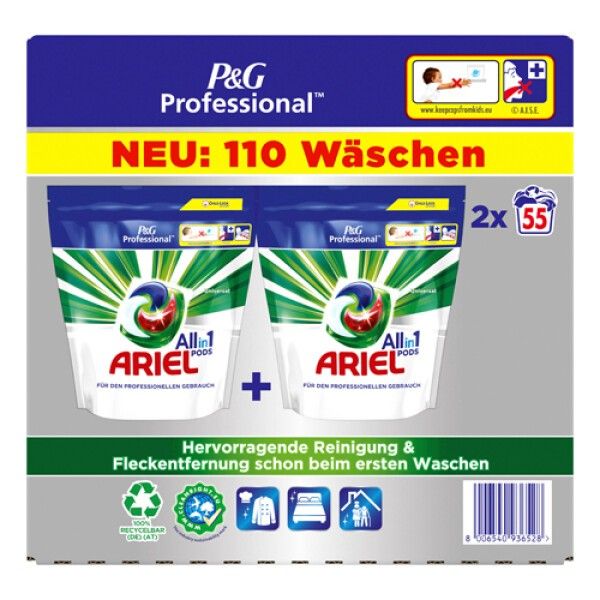 Zwei Packungen Ariel All-in-1 PODS. Aufschrift: NEU: 110 Wäschen. P&G Professional. Grüne und weiße Verpackung mit Logo und Text.