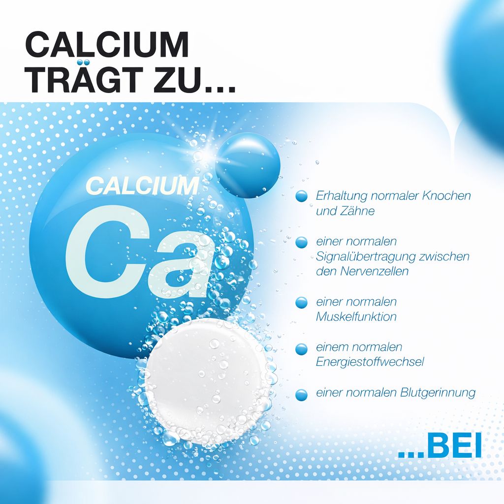 Blaue Kugel mit Text: Calcium trägt zu... Erhaltung normaler Knochen und Zähne, Nervenfunktion, Stoffwechsel, Blutgerinnung.