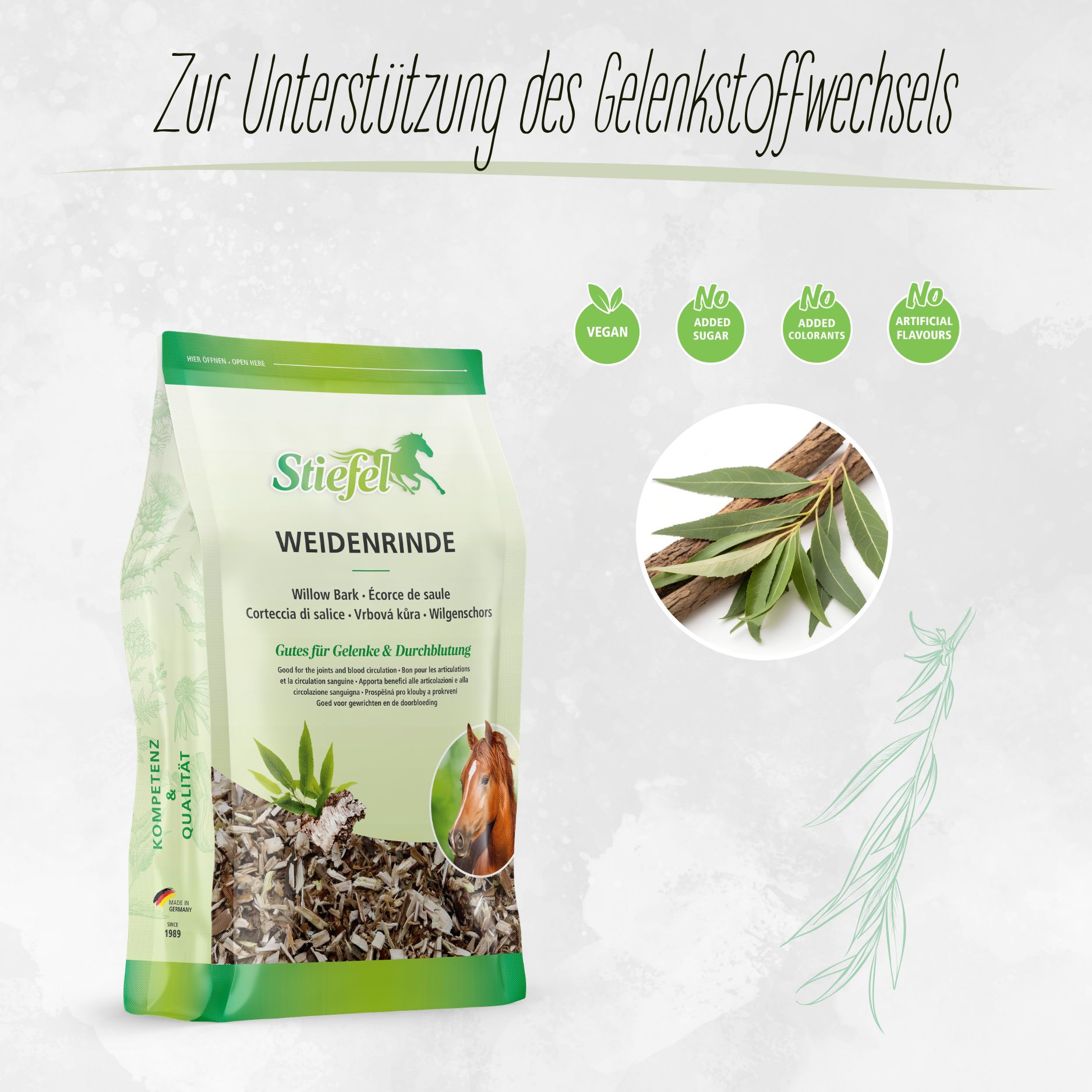 Beutel mit Stiefel Weidenrinde. Grün-weiße Verpackung mit Produktnamen, Logo und Illustrationen. Siegel: Vegan, ohne Zucker, ohne Zusatzstoffe, ohne Aromen.