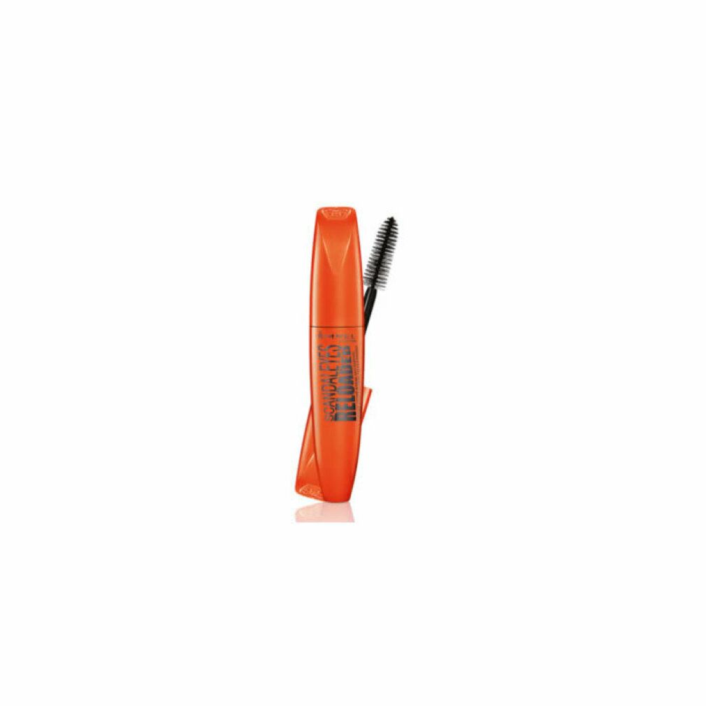 Orangefarbene Mascara-Tube und -Bürste. Schwarze Schrift: Scandaleyes Reloaded. Rimmel London.