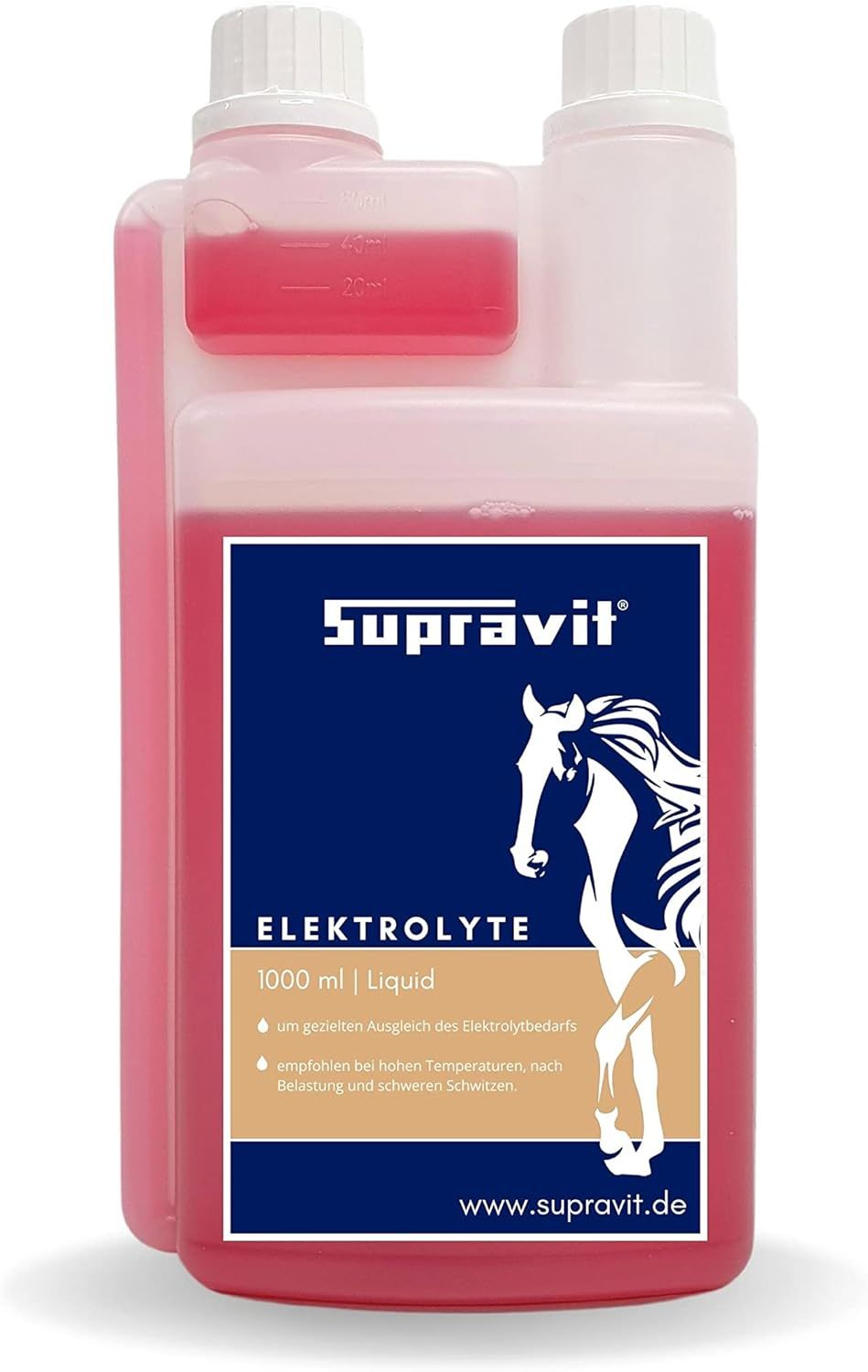 Flasche Supravit Elektrolyte. Blaues Etikett mit Pferd. Text: Elektrolyte, 1000 ml Liquid.