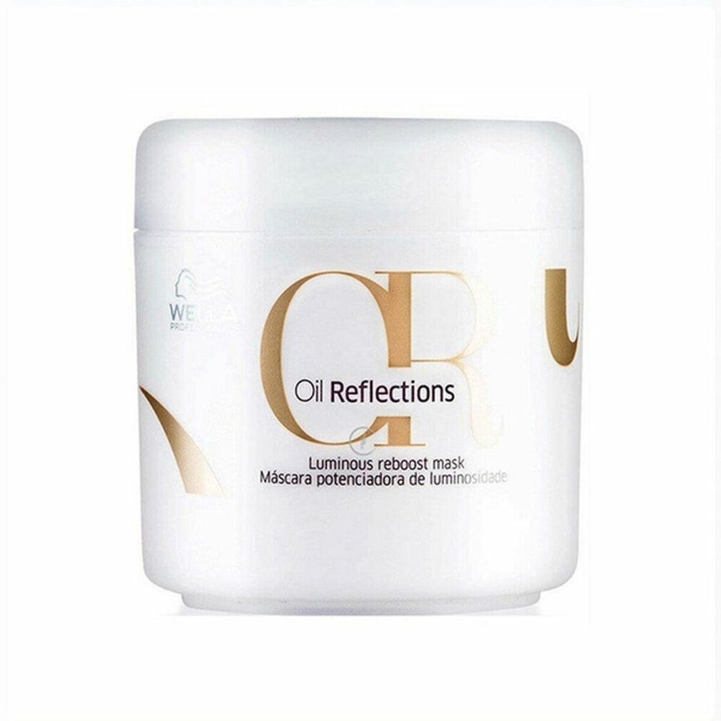 Weiße Dose mit goldfarbenem Schriftzug "Oil Reflections". Aufschrift: "Luminous reboost mask". Marke: Wella.