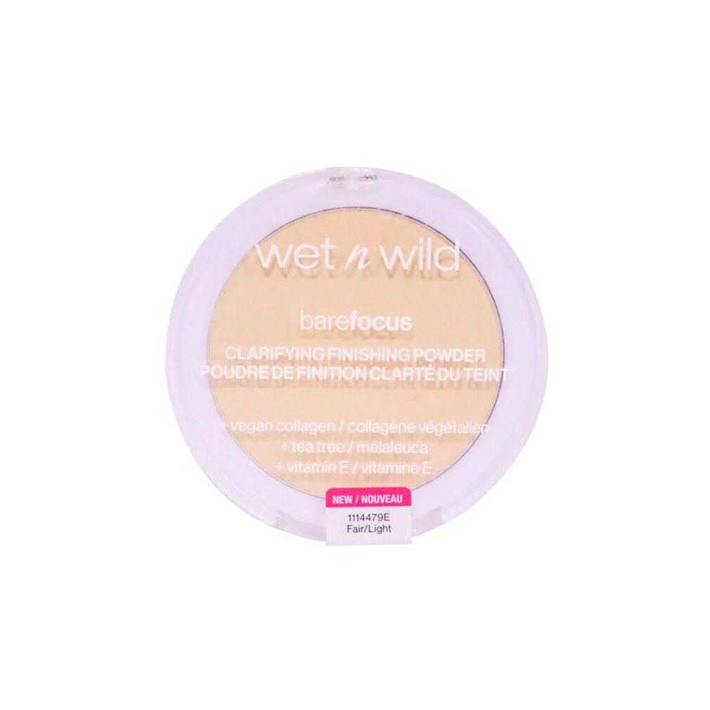 Runder, heller Puderbehälter. Aufschrift: Wet n Wild, barefocus, Clarifying Finishing Powder. Farbton: Fair/Light.