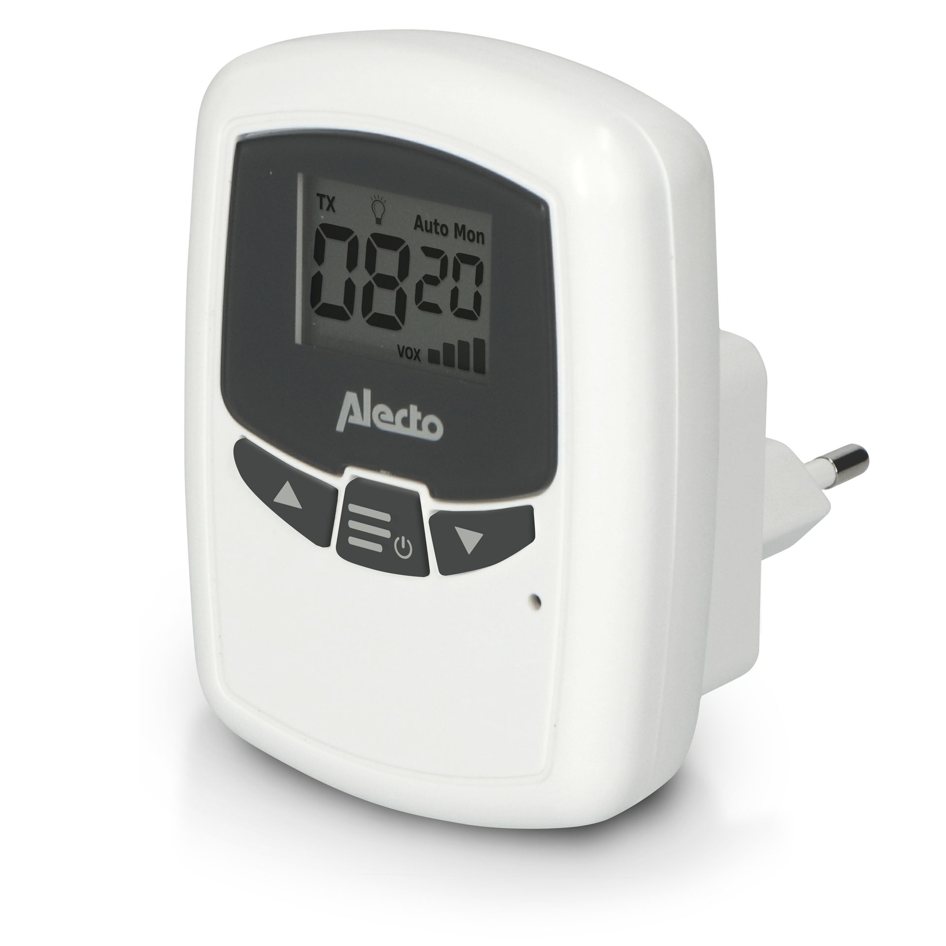 Babyphone, weiße Elterneinheit mit Stecker. Display und Tasten. Marke: Alecto.