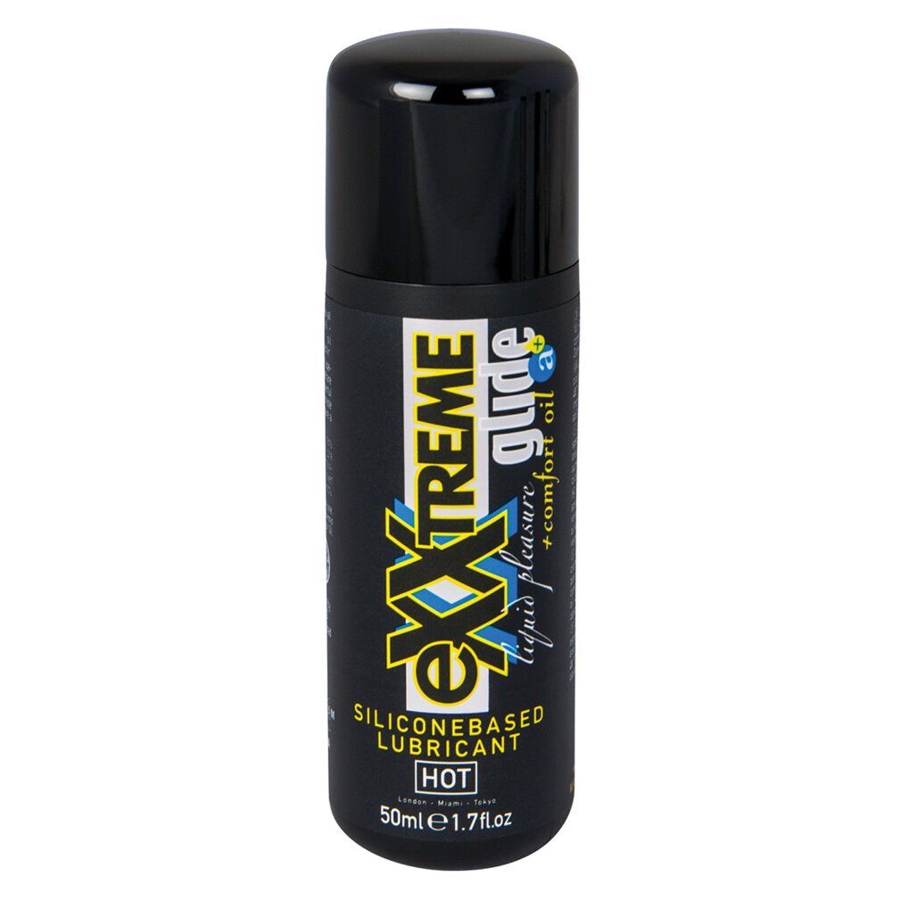 Schwarze Flasche mit schwarzem Deckel. Aufschrift: eXXtreme glide, Siliconebased Lubricant, HOT. Volumen: 50ml/1.7 fl oz.