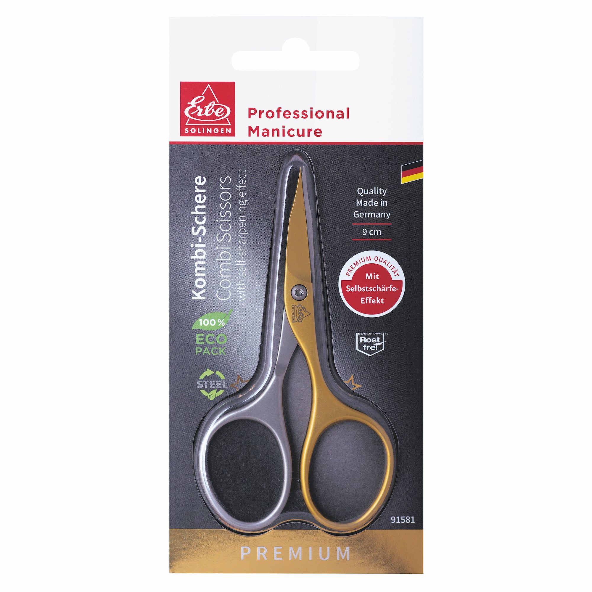 Verpackung mit gold-silberner Nagelschere. Marke und Produktbezeichnung sichtbar. Made in Germany.