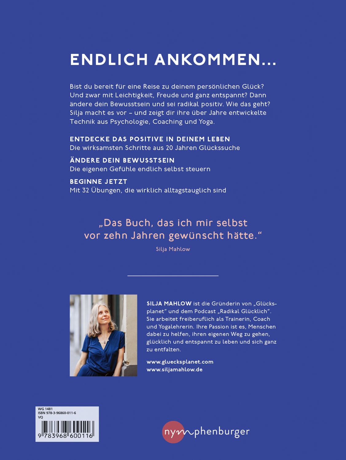 Buchrücken "Willkommen auf dem Glücksplaneten". Autorin Silja Mahlow. Text über Inhalt und Zitate. Verlag Nymphenburger.