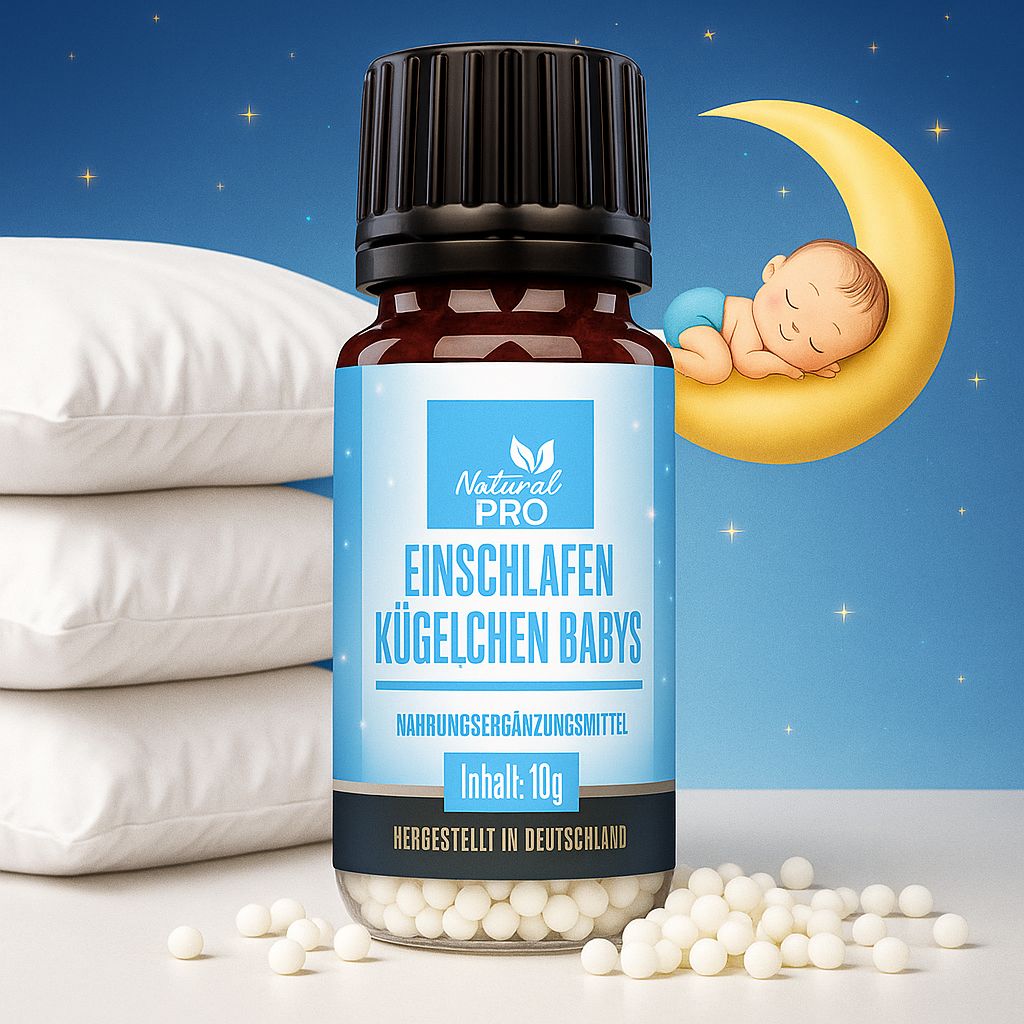 Braune Glasflasche mit schwarzen Deckel, blauem Etikett und weißen Kügelchen. Text: Natural Pro, Einschlafen Kügelchen Babys, 10g.