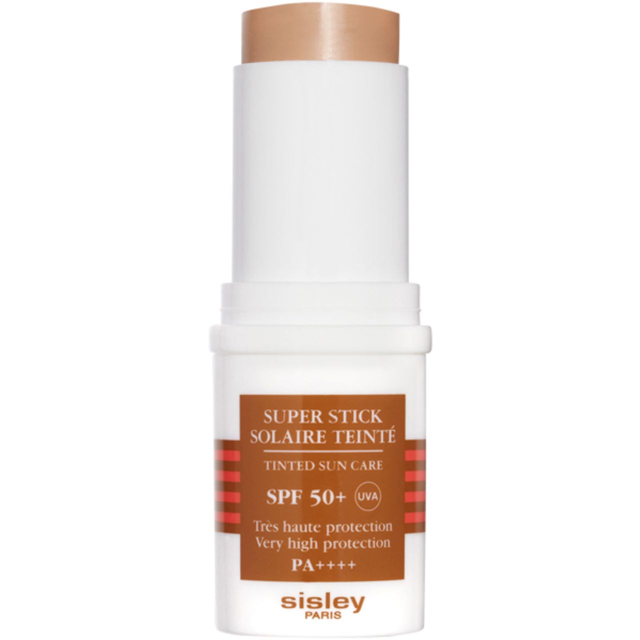 Sonnenschutzstift mit getönter Formel. Weißer Behälter mit braunem Produkt. Text: SPF 50+, Sisley.