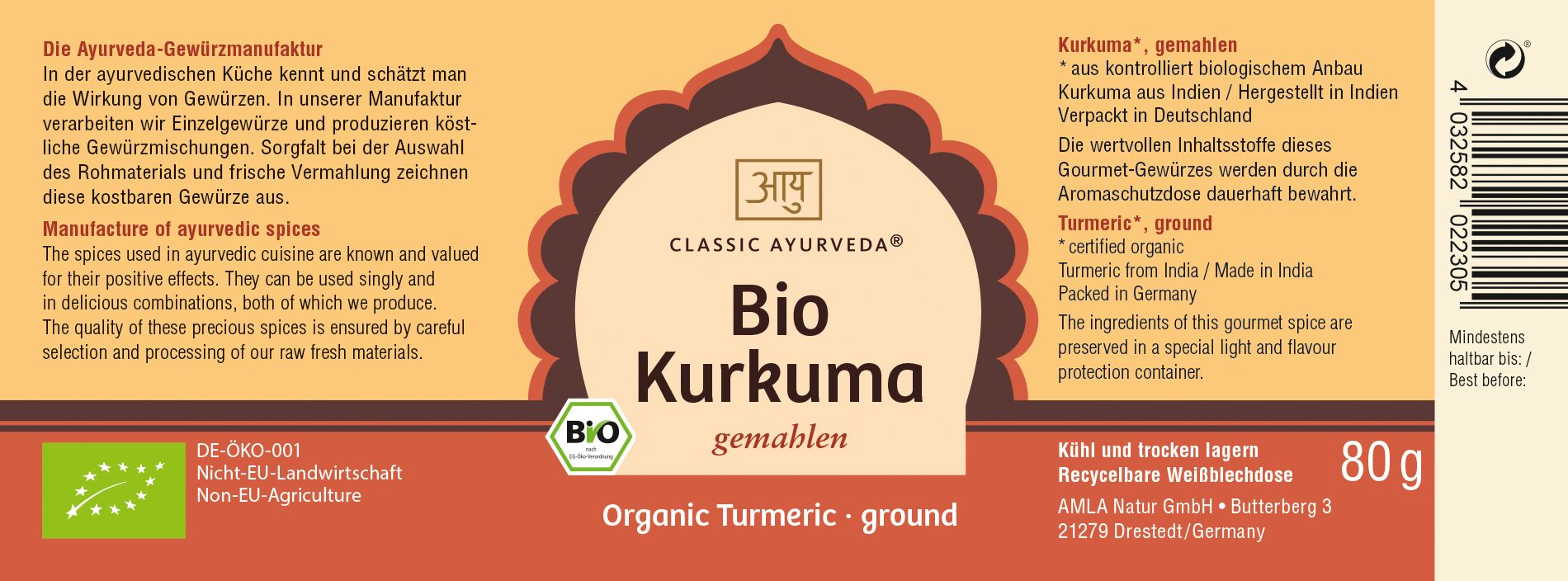 Etikett mit Text. Aufschrift: Bio Kurkuma gemahlen, Classic Ayurveda. Siegel: Bio. Text: Organic Turmeric - ground.
